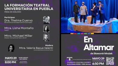 Integrantes de la Compañía de Teatro UDLAP durante la presentación de la obra En Altamar, actividad que formará parte de Noches de Barrio en el Centro de Bienestar Social de Xonaca.